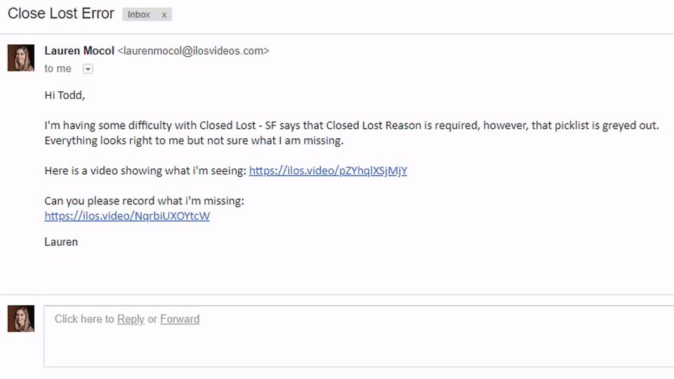 Salesforce bug recorded by a customer then placed in an email