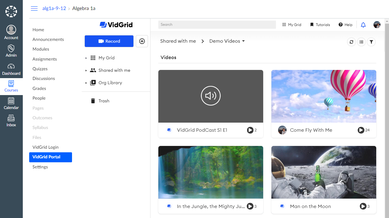 VidGrid video content management shown inside the Canvas LMS